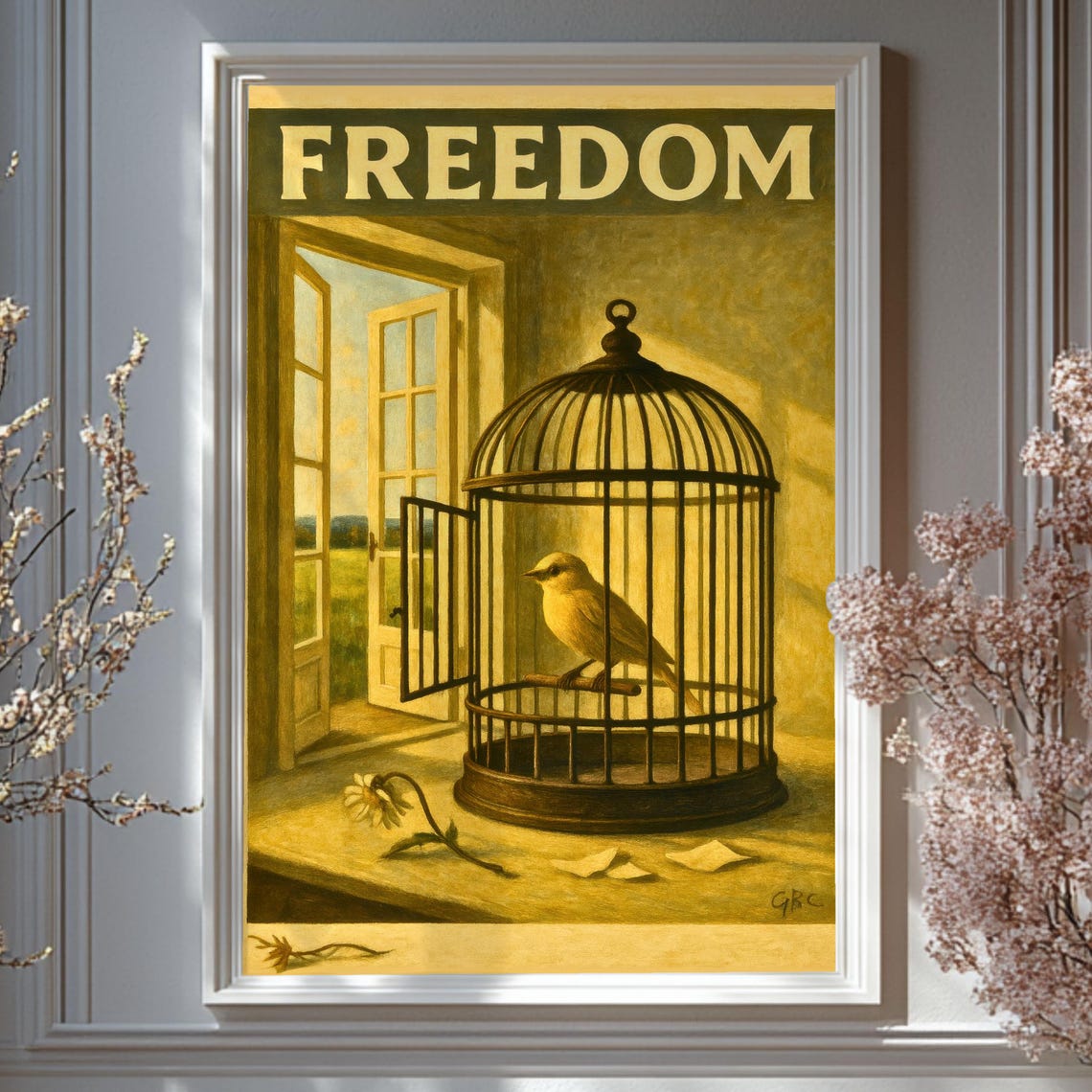 Freedom Open Birdcage By Open Window Vintage Surrealist Art Poster