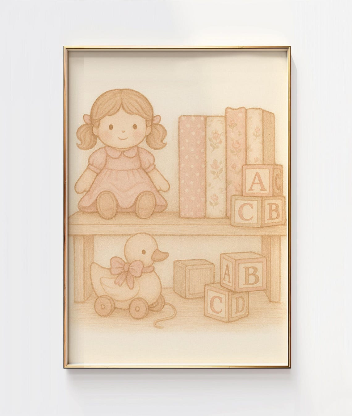 Pastel Doll Duck Toy Shelf ABC Blocks Vintage Nursery Art Poster