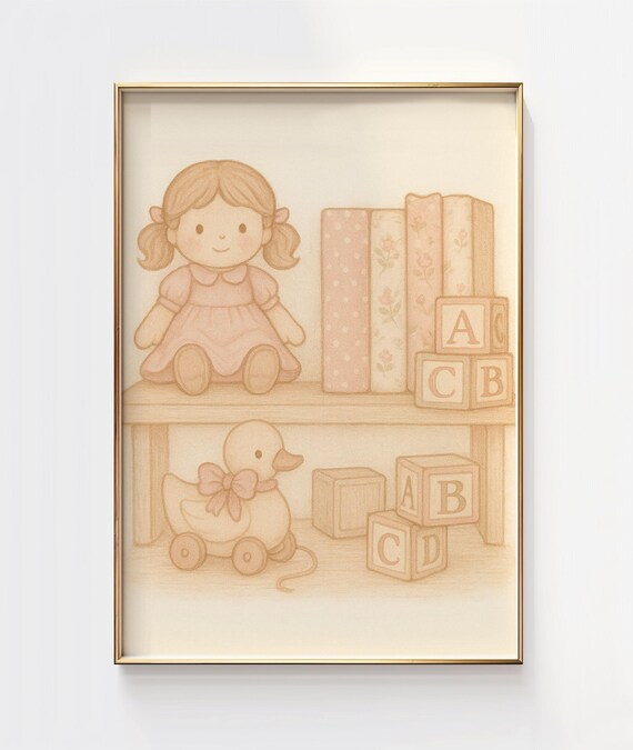 Pastel Doll Duck Toy Shelf ABC Blocks Vintage Nursery Art Poster