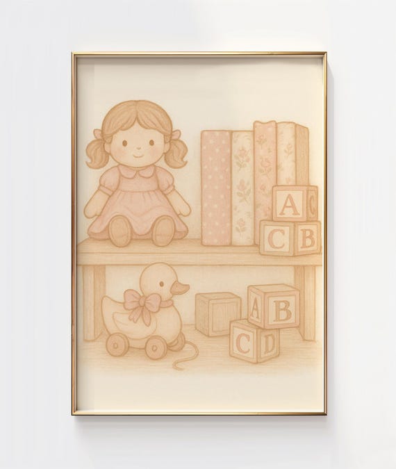 Vintage Nursery Print Pastel Doll And Abc Blocks