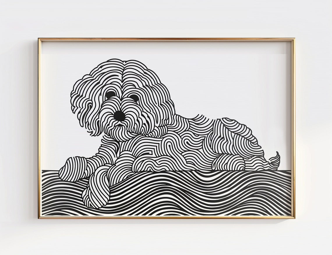 Bichon Frise Black Line Art Lying Dog Wavy Lines Minimalist Poster