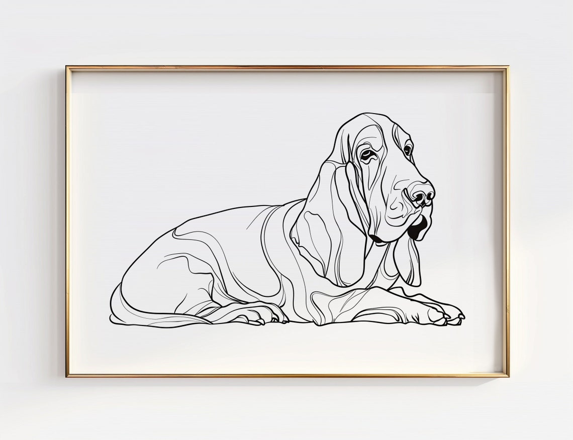 Basset Hound Lying Down Black Line Art Minimalist Dog Portrait Poster