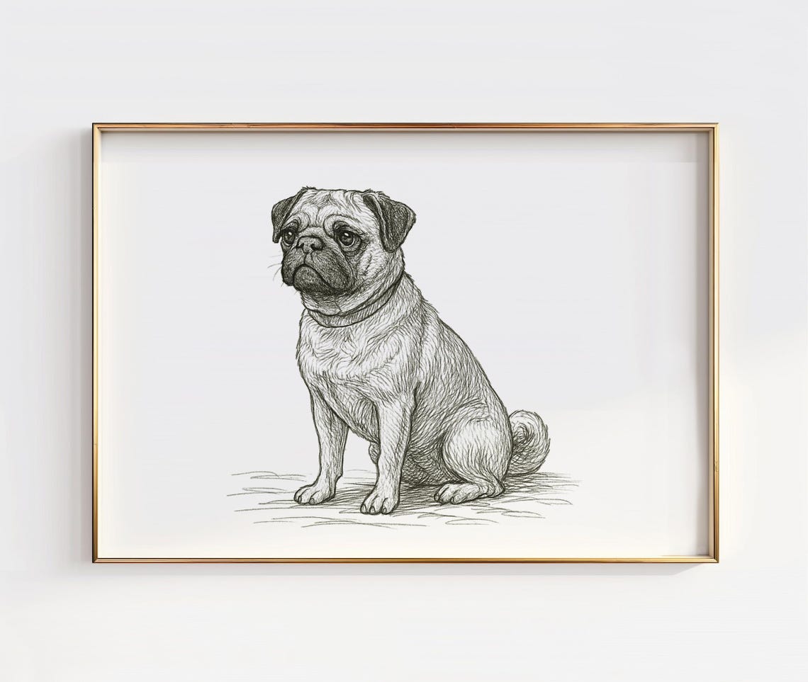 Pug Puppy Sitting Line Drawing Cute Minimalist Dog Art Print