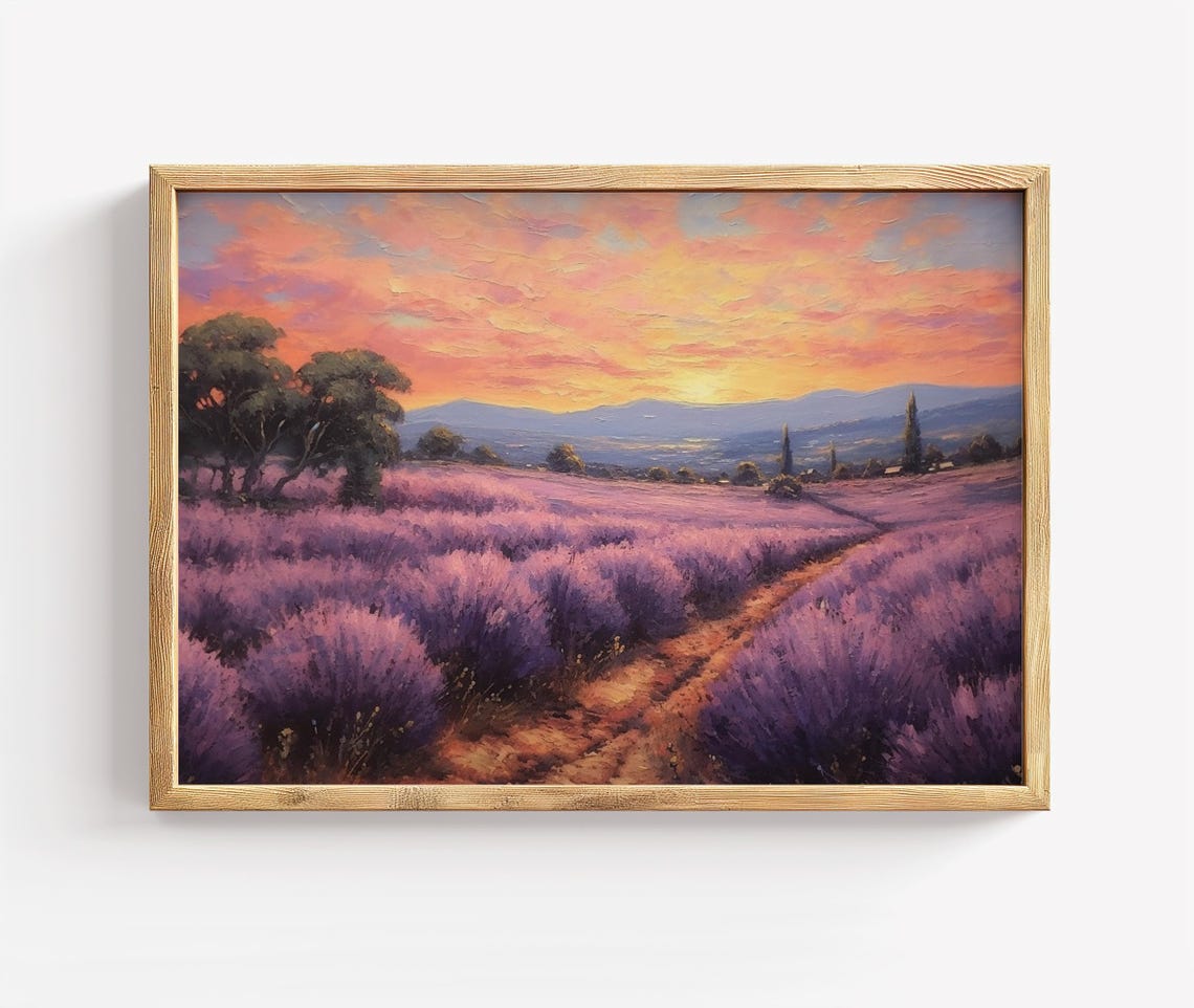 Vibrant Lavender Field Sunset Rolling Hills Landscape Painting Poster