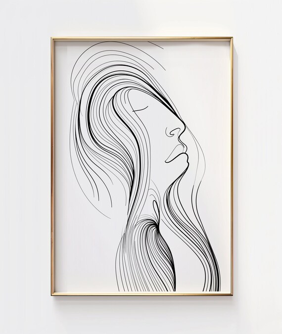 Womans Face Line Art Flowing Hair Minimalist Contour Beauty Poster