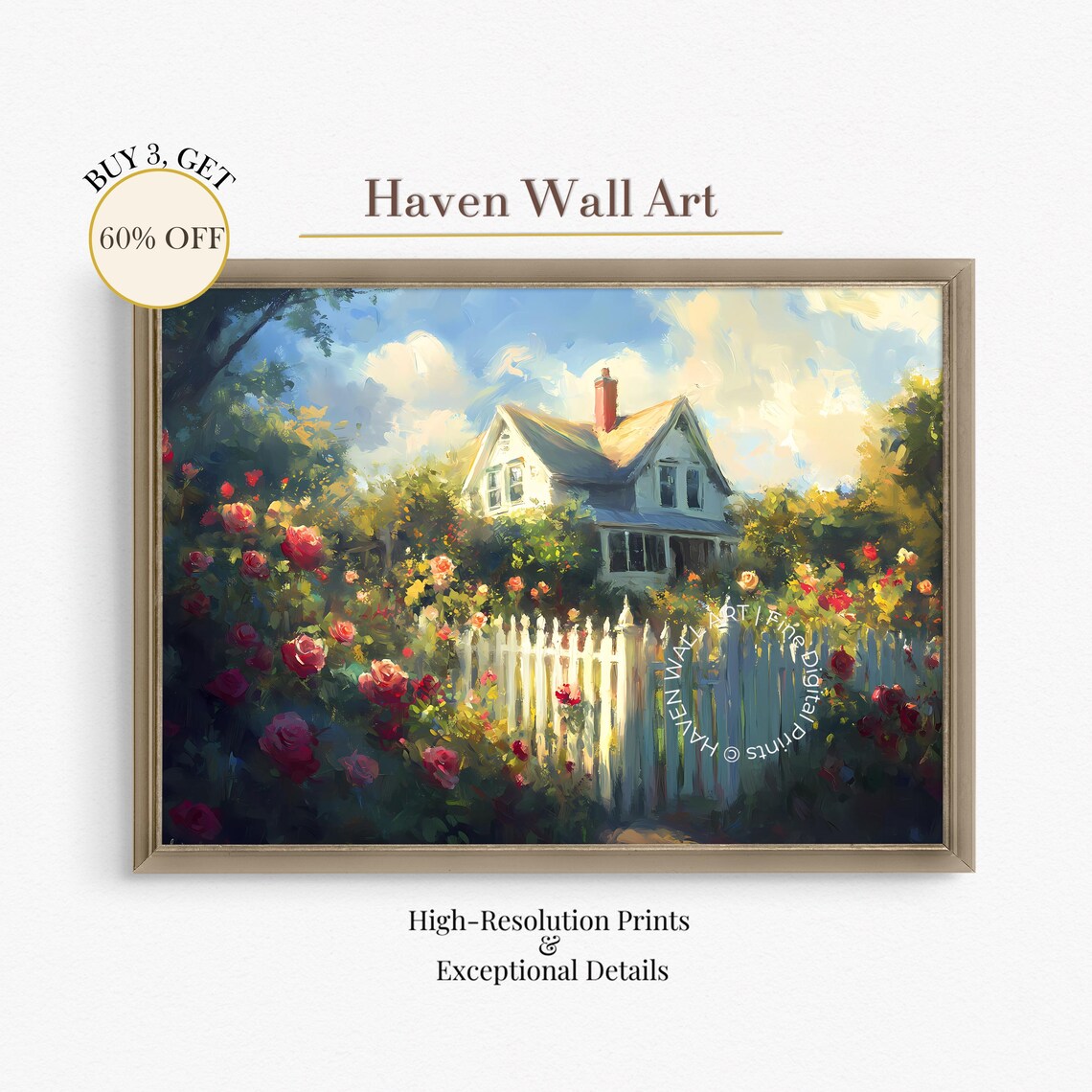 Rose Garden Cottage Sunlit White Fence Romantic Floral Art Print