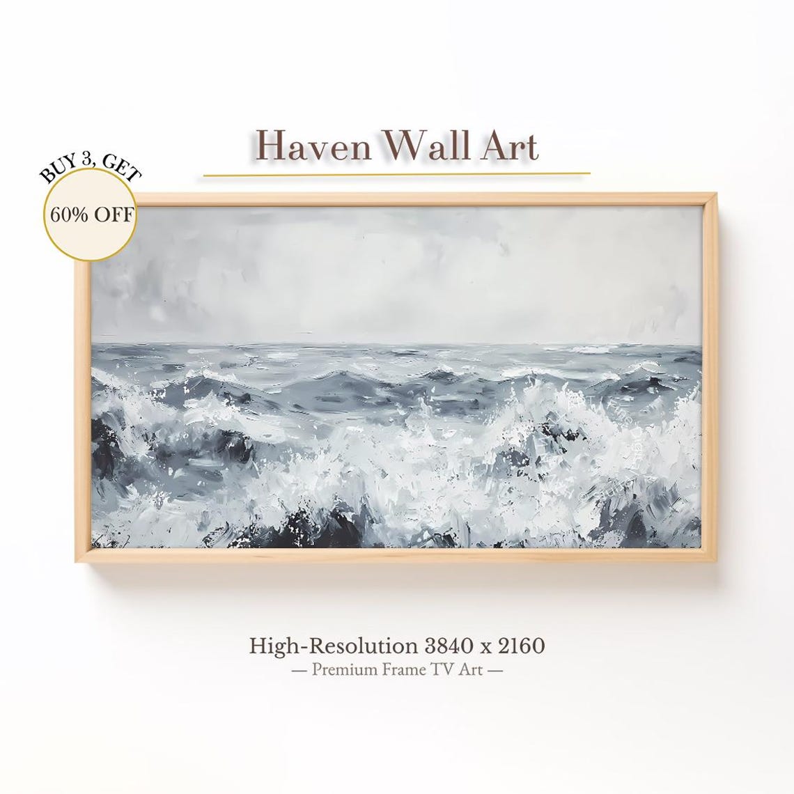 Monochrome Ocean Waves Frame TV Black White Coastal Painting Wall Art