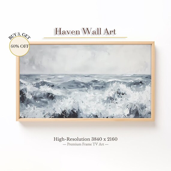 Monochrome Ocean Waves Frame TV Black White Coastal Painting Wall Art
