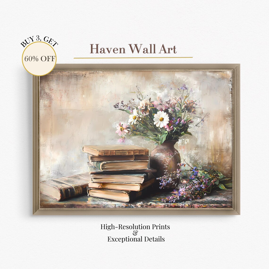 Stack of Vintage Books with Wildflower Bouquet Dark Academia Poster