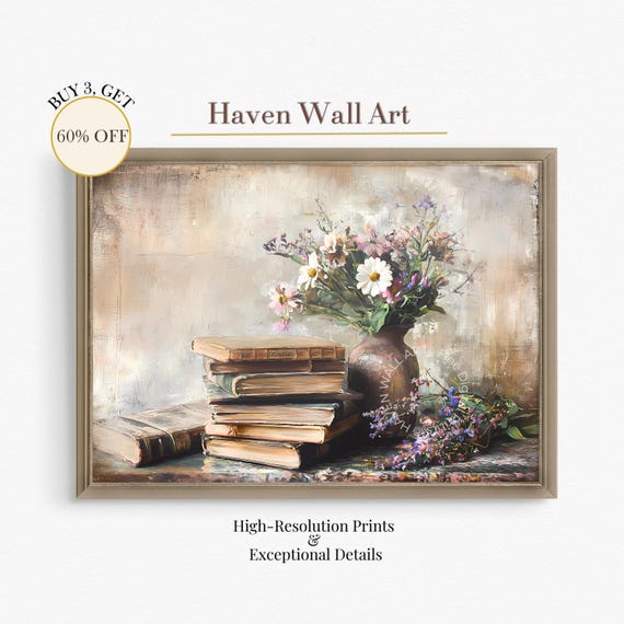 Vintage Books Wildflowers Rustic Wall Art Dark Academia Decor Cozy Study Room Psf111