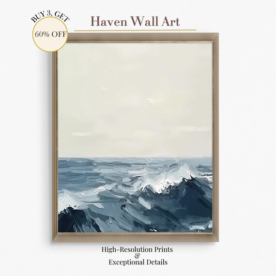 Deep Blue Ocean Waves with Pale Sky Minimalist Abstract Sea Poster