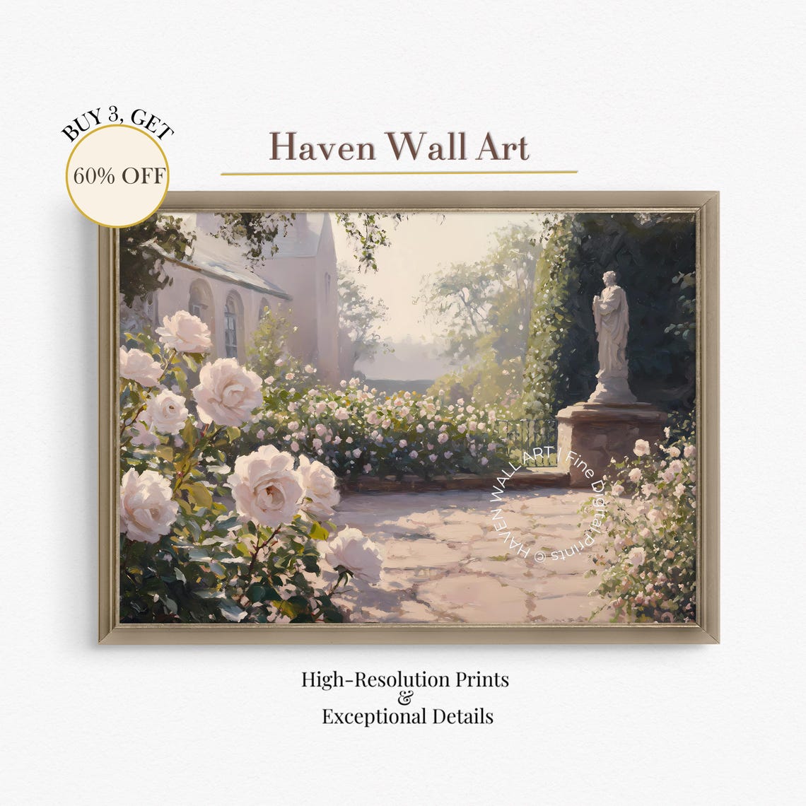 White Rose Garden with Stone Statue Sunlit French Chateau Wall Art