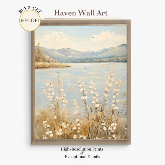 Lake Wildflowers Wall Art Tranquil Nature Printmountain House Decor Print Pul139