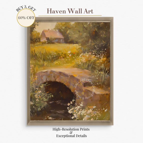 Rustic Cottage Bridge Countryside Wall Art Vintage Landscape Decor Cozy Home Psc114