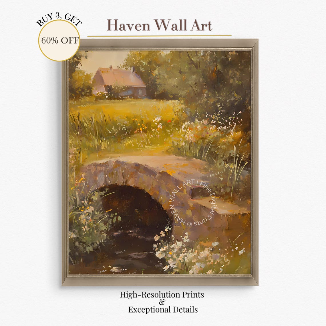 Stone Bridge Stream Rustic Cottage Golden Meadow Vintage Art Print