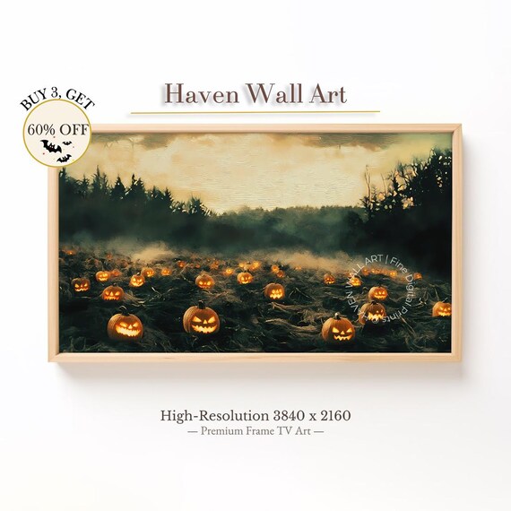 Foggy Pumpkin Field Glowing Jack O Lanterns Spooky Halloween Wall Art