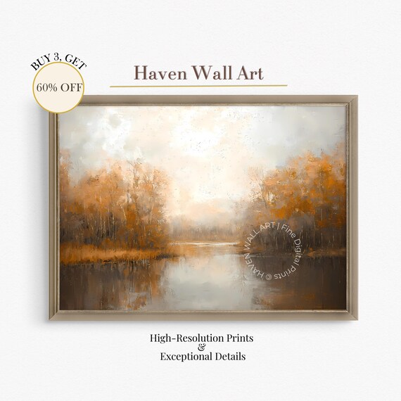 Abstract Autumn Lake Painting Warm Neutral Tones Fall Decor Poster