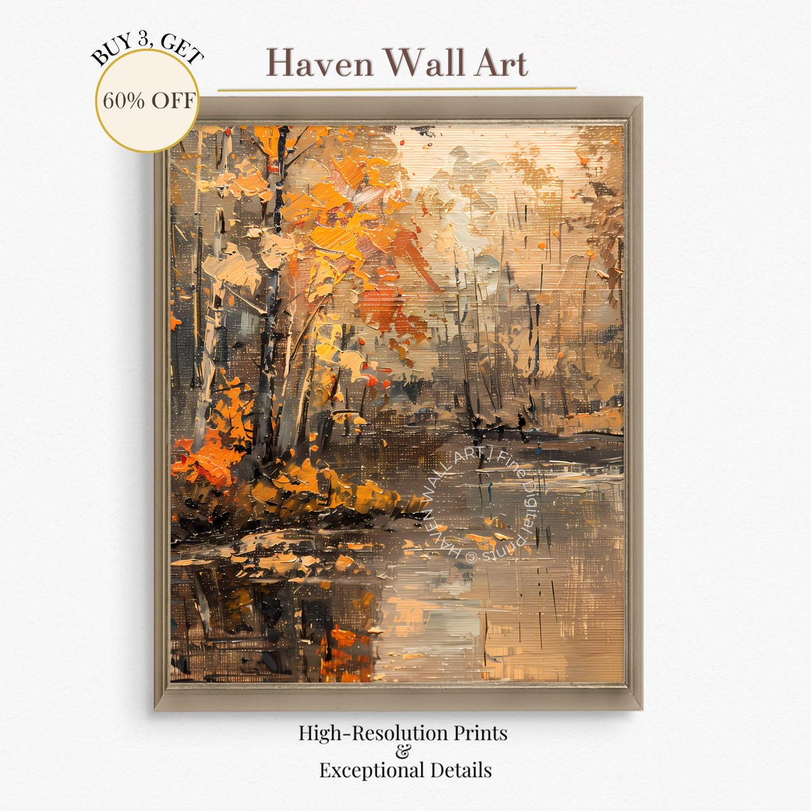 Autumn Forest River Reflection Bold Impasto Oil Painting Poster