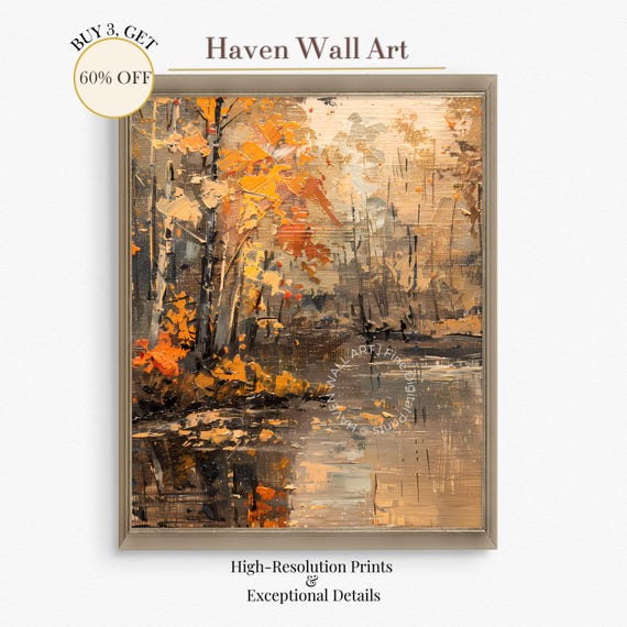 Thanksgiving Eve Forest River Wall Art Bold Textured Autumn Painting Moody Rustic Landscape Pal148