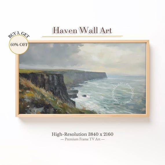 Cliffs By The Sea Coastal Samsung Frame Tv Art Vintage Summer Ocean Landscape Moody Shoreline Painting Tub059