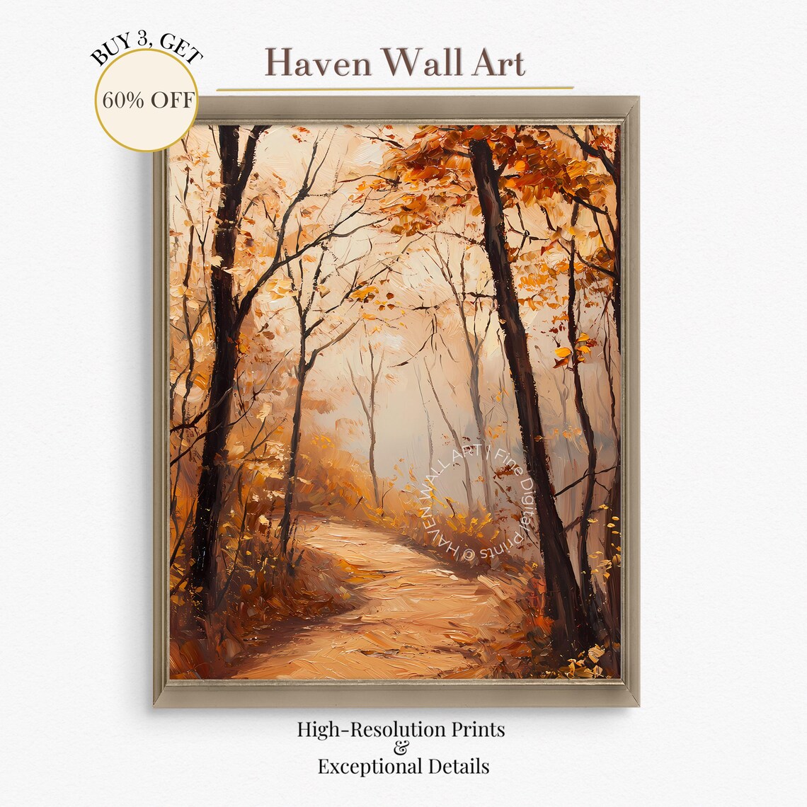 Misty Autumn Forest Path Oil Painting Golden Woodland Trail Poster
