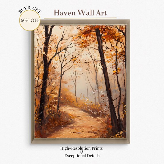 Misty Autumn Forest Path Oil Painting Golden Woodland Trail Poster