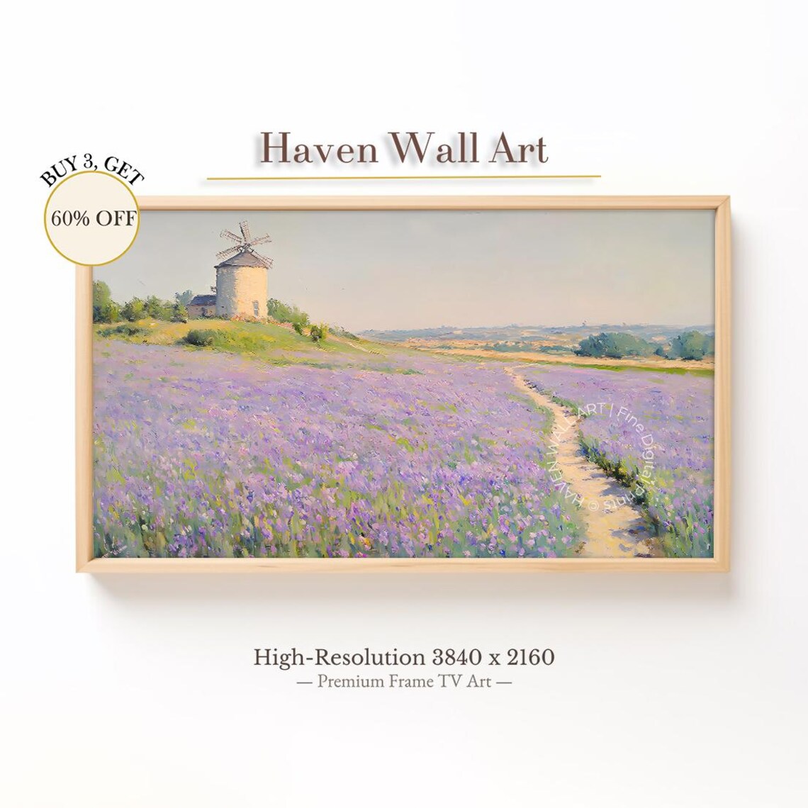 Lavender Field Windmill on Hill Impressionist Purple Landscape Print