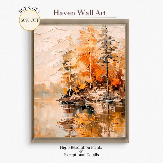 Abstract Lakeside Autumn Trees Painting Orange Reflection Art Poster