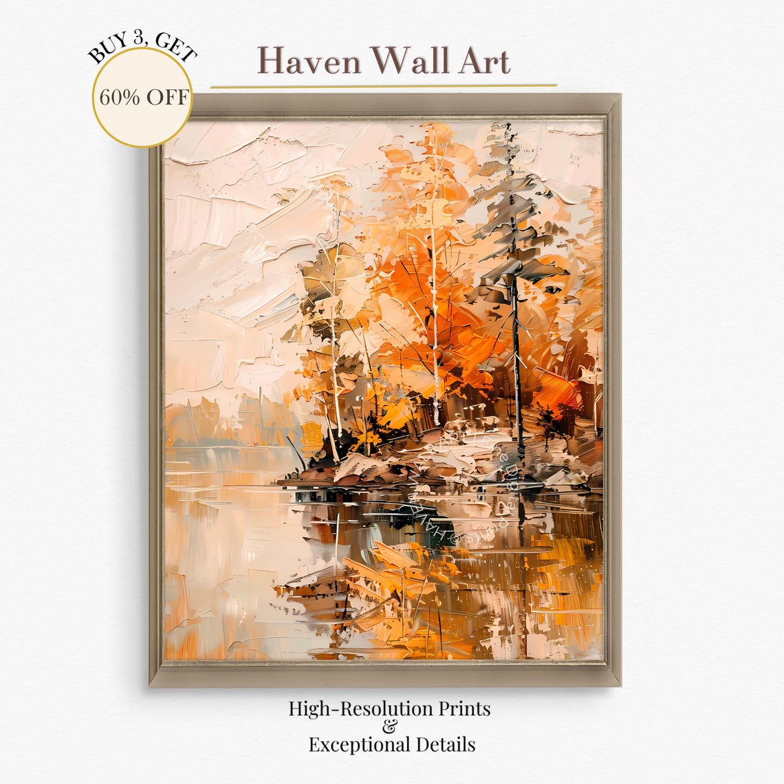 Abstract Lakeside Autumn Trees Painting Orange Reflection Art Poster