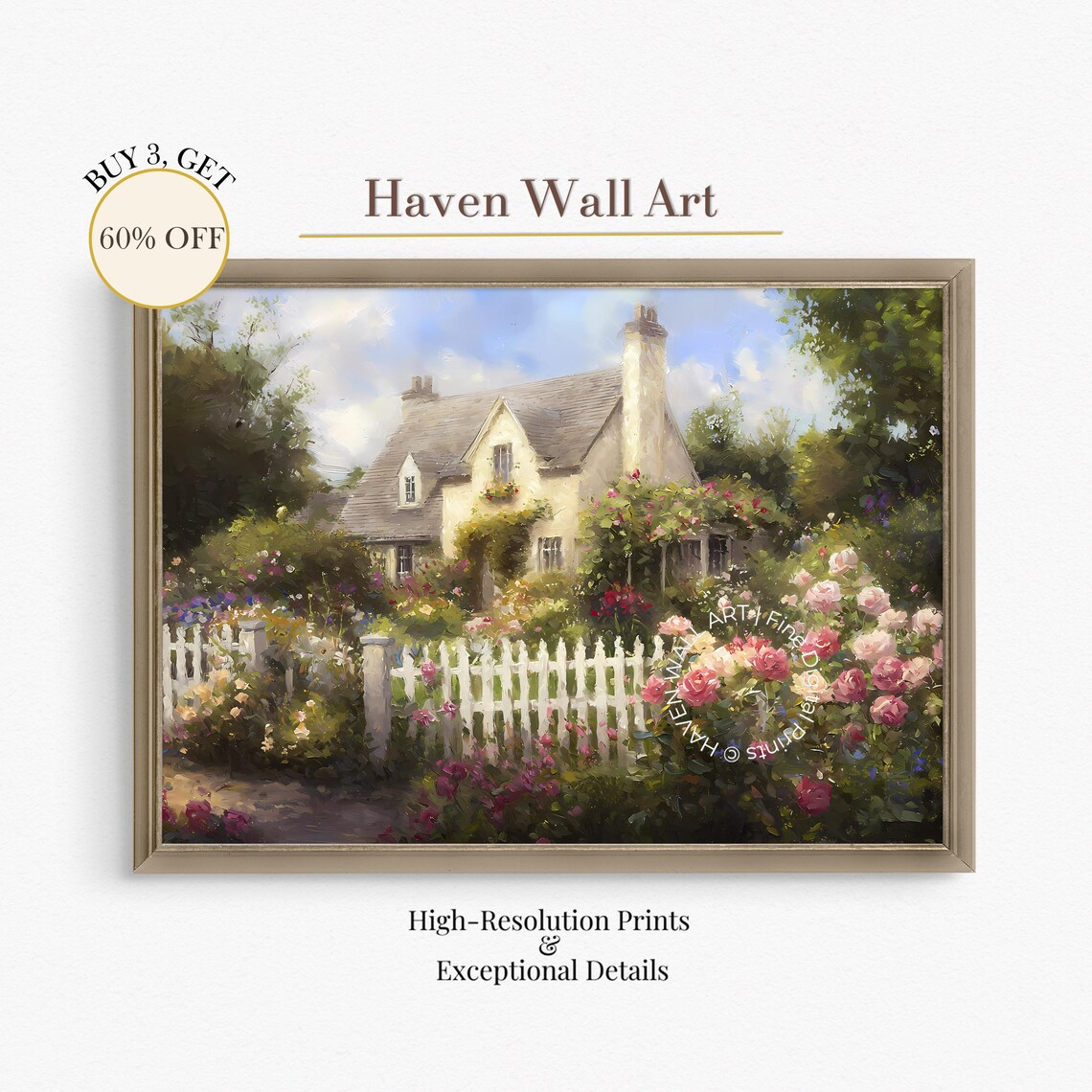 Vintage Cottage Garden Roses White Picket Fence Romantic Art Print