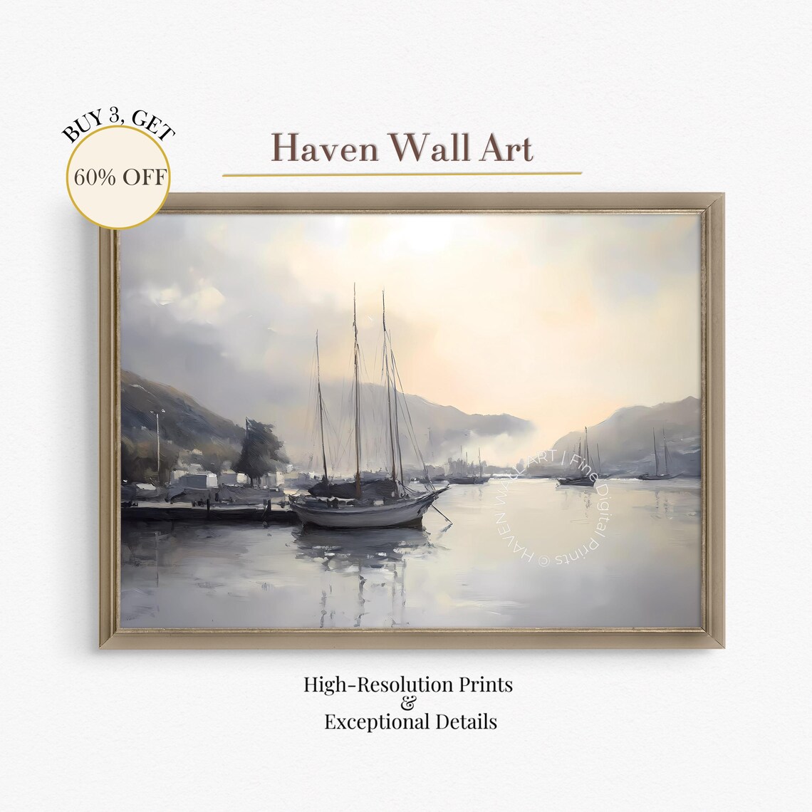 Misty Harbor With Sailboats Morning Coastal Oil Painting Poster