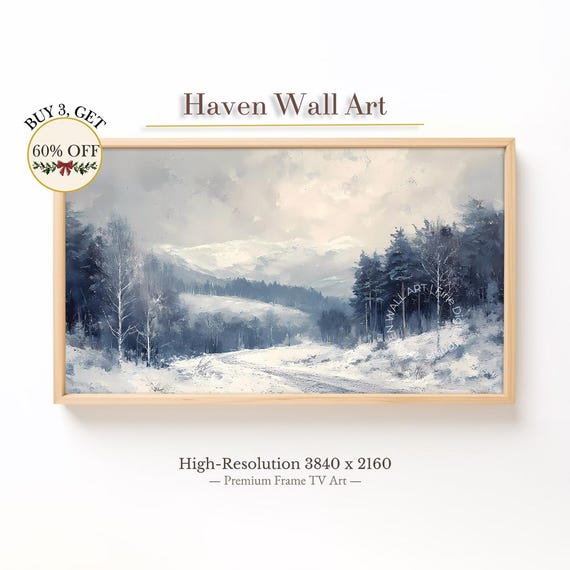 Mountain Landscape Frame Tv Art Samsung Rustic Winter Decor Serene Snowy Scenery Vintage Artwork Twl069