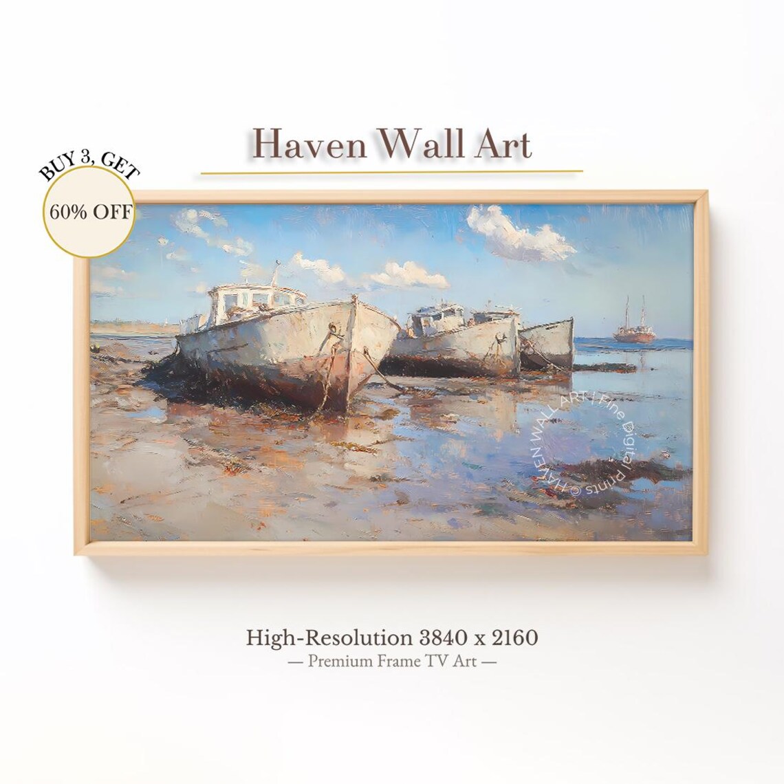 Beached Fishing Boats at Low Tide Colorful Impressionist Coastal Poster
