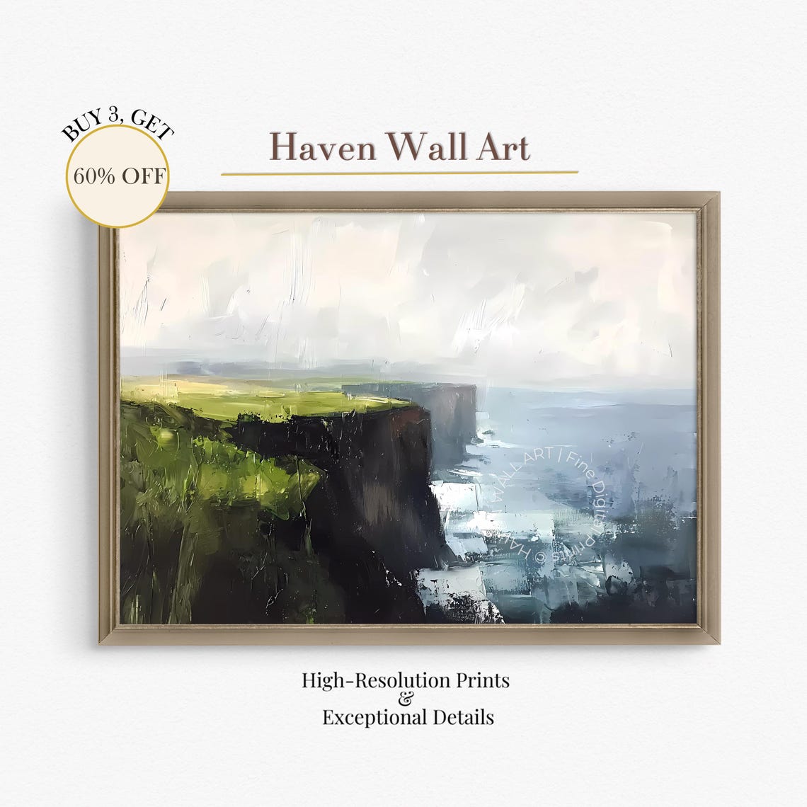 Dramatic Green Cliffs Over Wild Ocean Moody Coastal Landscape Poster