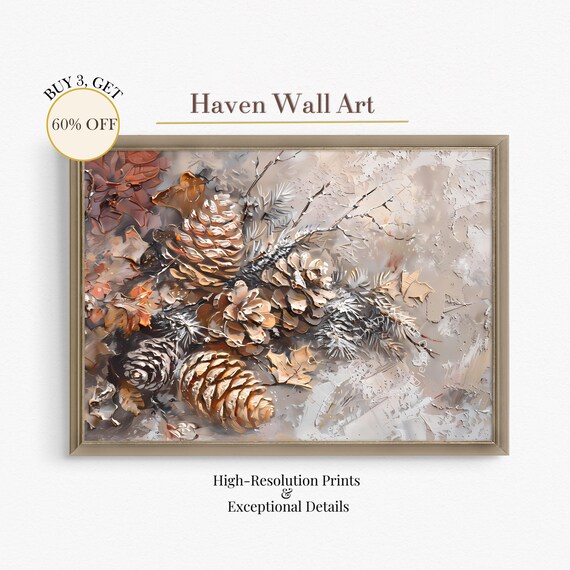 Frosted Pinecone Still Life Rustic Thanksgiving Oil Painting Wall Art