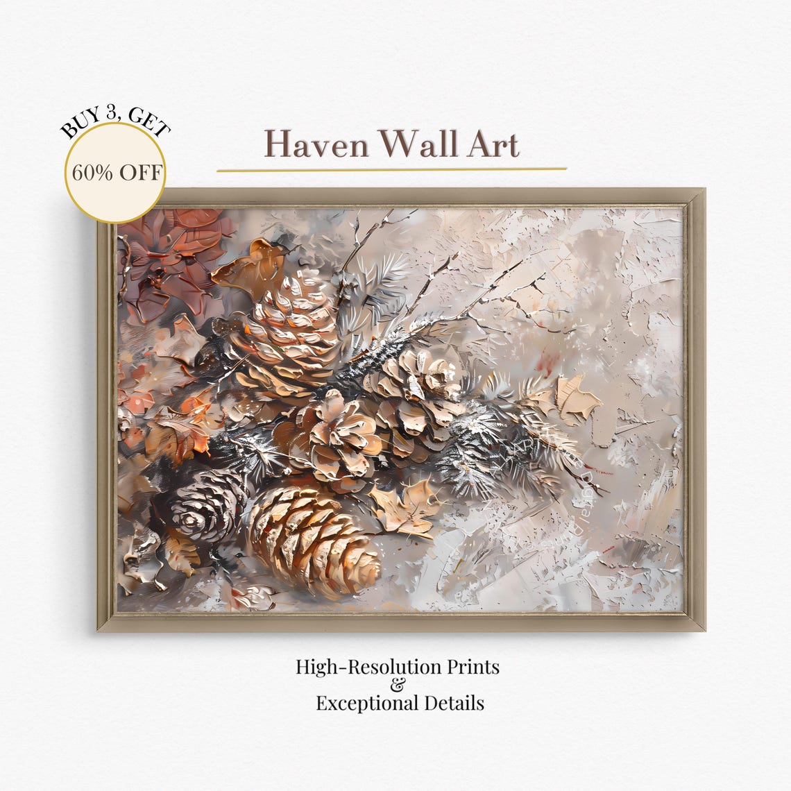 Frosted Pinecone Still Life Rustic Thanksgiving Oil Painting Wall Art