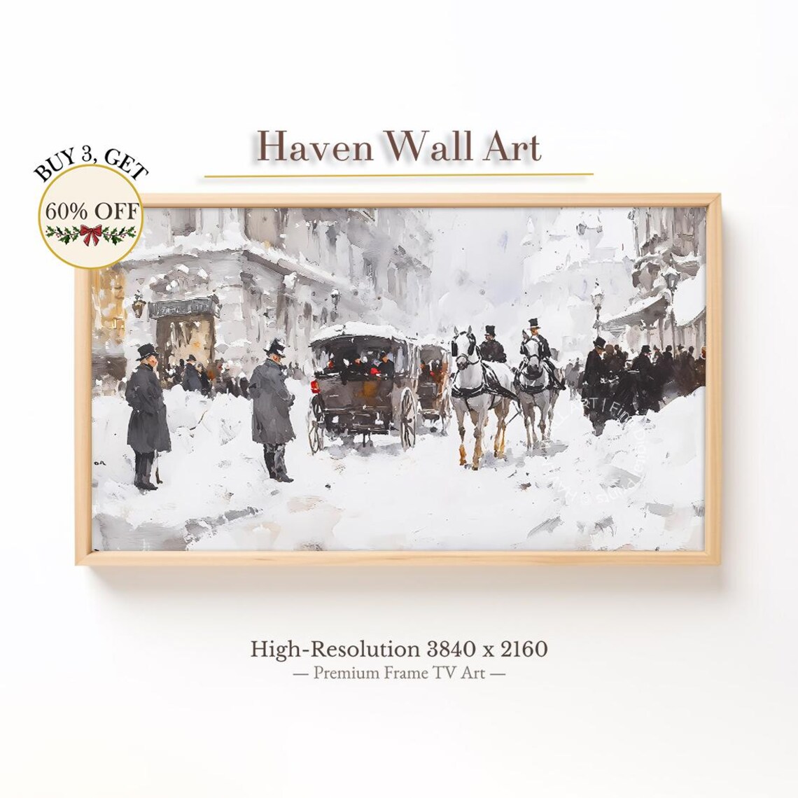 Victorian Snowy Carriage Street Frame TV Winter Cityscape Wall Art