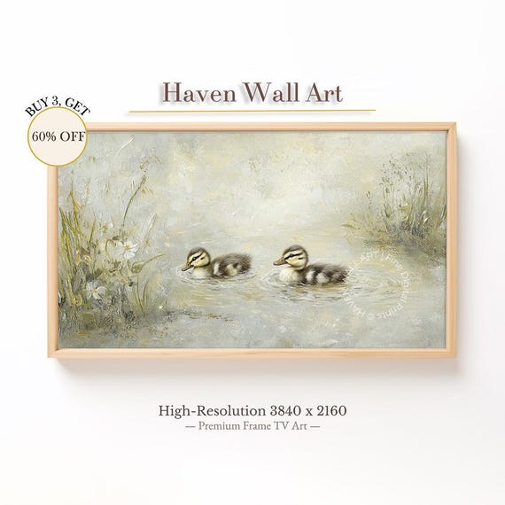 Vintage Ducklings, Rustic Spring Pond Scene