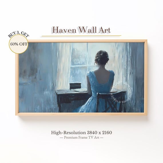 Vintage Woman Writing Desk Tv Art Moody Blue Summer Frame Samsung Portrait Tuv065