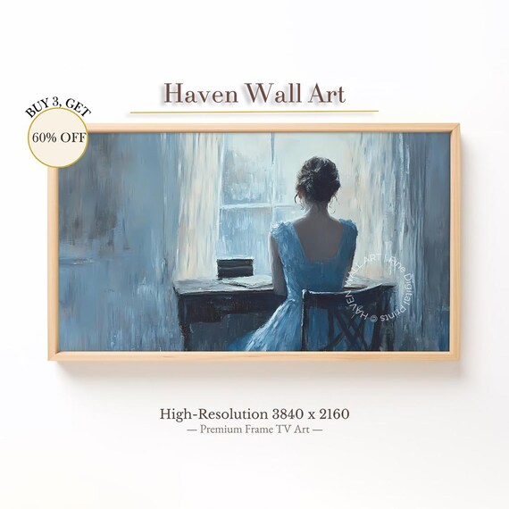Woman in Blue Dress by Rainy Window Moody Vintage Portrait Wall Art