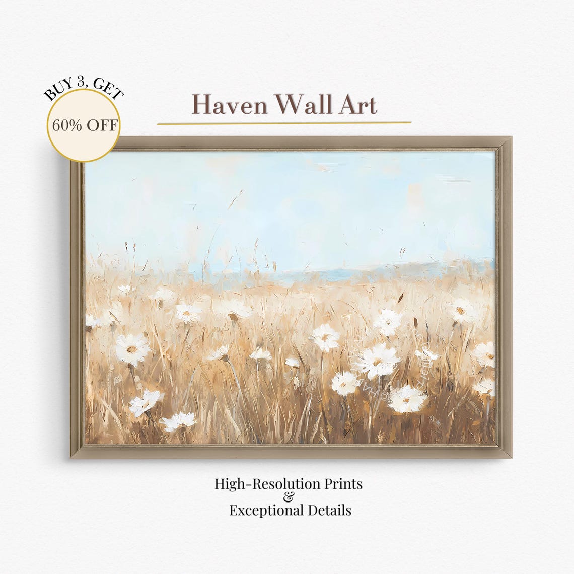 Golden Wheat Field with White Daisies Warm Rustic Country Poster