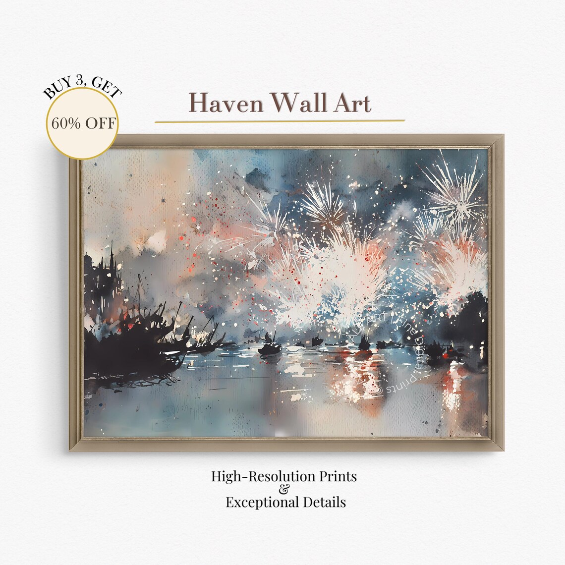 Harbor Fireworks Night Watercolor Festive Coastal Celebration Art Poster