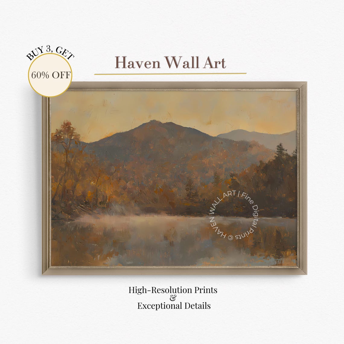 Moody Autumn Mountain Lake Misty Reflection Vintage Landscape Wall Art