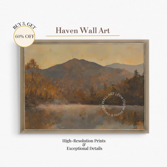 Moody Autumn Mountain Lake Misty Reflection Vintage Landscape Wall Art