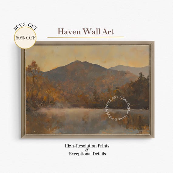 Vintage Autumn Mountain Lake Art Fall Rustic Landscape Wall Decor Moody Country Painting Pal001