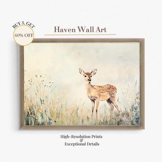 Vintage Deer Meadow Art Rustic Spring Fawn Wildlife Painting Nature Wall Decor Psa132