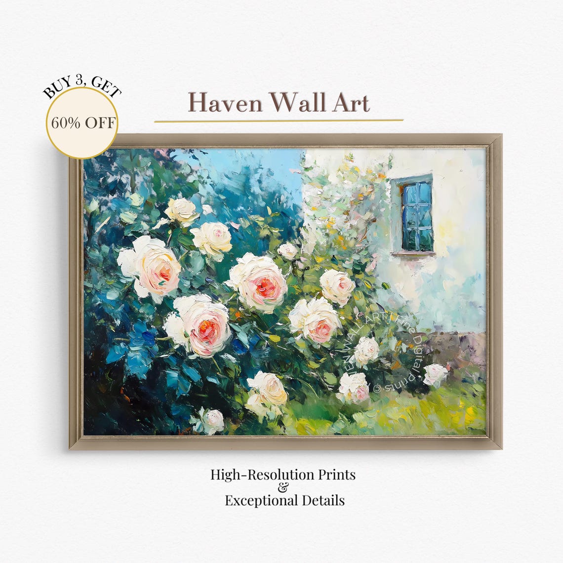 White Roses Cottage Window Impressionist Garden Bloom Art Poster
