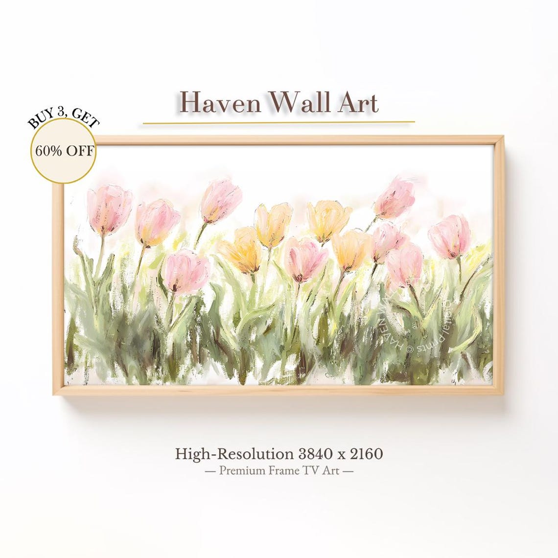 Pink Yellow Tulips Sunny Meadow Impressionist Spring Garden Wall Art
