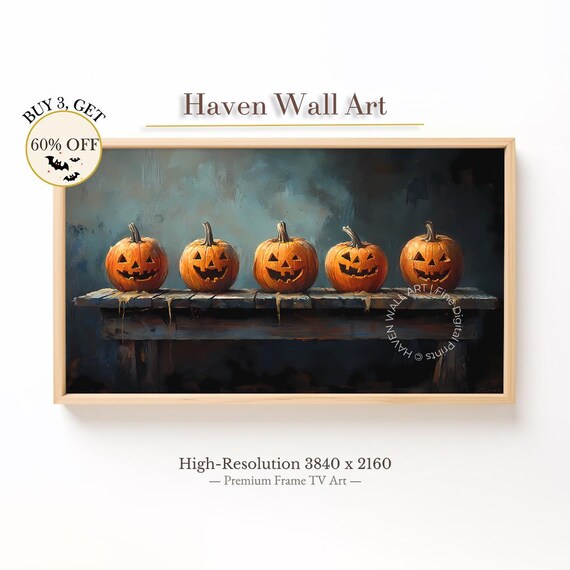 Vintage Halloween Pumpkins Frame TV Rustic Table Jack O Lantern Wall Art