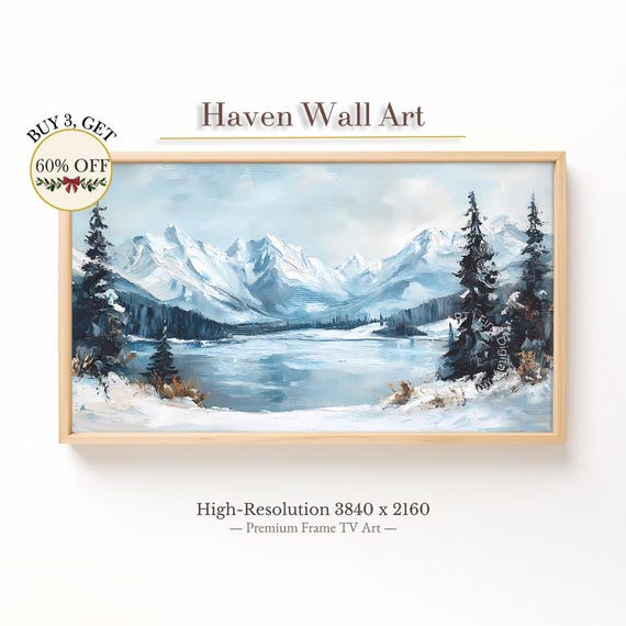 Snowy Mountain Tv Art Samsung Frame Rustic Farmhouse Decor Cozy Winter Wall Vintage Cabin Decortwl008